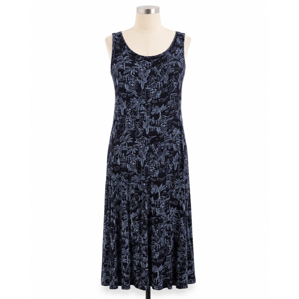 Chico's Travelers Dress Size 2 L Black Blue Cityscape Palm Sleeveless Maxi Dress